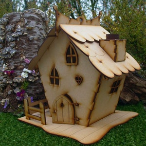 Woodland Cottage Wooden Fairy House Kit with Opening Fairy Door, Chimney and Fenced Base Stand - Self-Assembly Fairy House Craft Kit