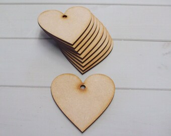 Wooden Heart Craft Shapes - Pack of Ten 110mm (3.9 inch) Simple Wooden Heart Blank Craft Shapes with Hanging Hole