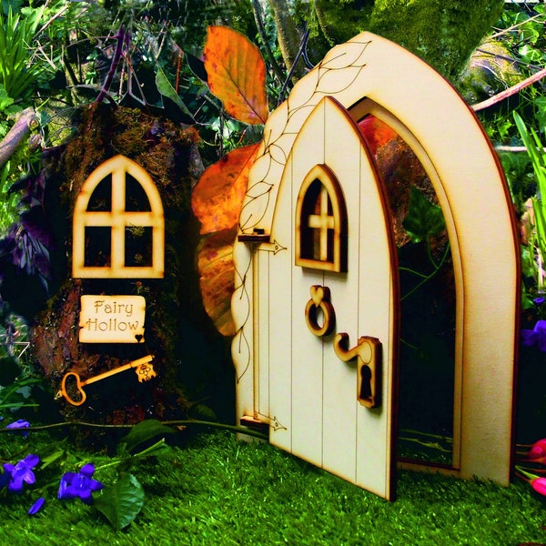 Outdoor Opening Fairy Door - Large Opening Wooden Fairy Door Self Assembly Craft Kit. 12 inch Fairy Door with Fairy Window, Sign and Key