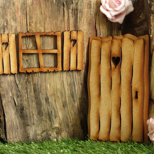 Rustic Log Cabin Three-Dimensational Fairy Door Craft Kit with with Fairy Window and Rustic Heart Shutters