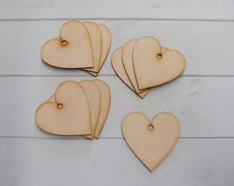 Wooden Heart Craft Shapes - Pack of Ten 80mm (3.1 inch) Simple Wooden Heart Blank Craft Shapes with Hanging Hole