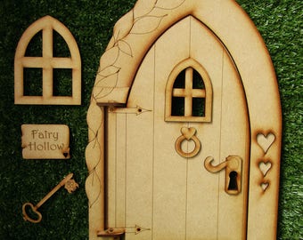 Giant 1-Foot Tall -Fairy Hollow- Opening Wooden Fairy Door Craft Kit. 3D Fully Opening Fairy Door with Fairy Window, Sign & Magical Key