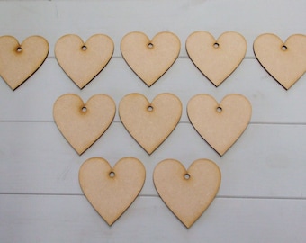 Wooden Heart Craft Shapes - Pack of Ten 150mm (5.9 inch) Simple Wooden Heart Blank Craft Shapes with Hanging Hole