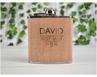 Personalised Hip Flask - Wood & Stainless Steel Hip Flask Gift with Personalized Engraving - 6oz (175ml) Wood Veneer Pocket Flask Wedding