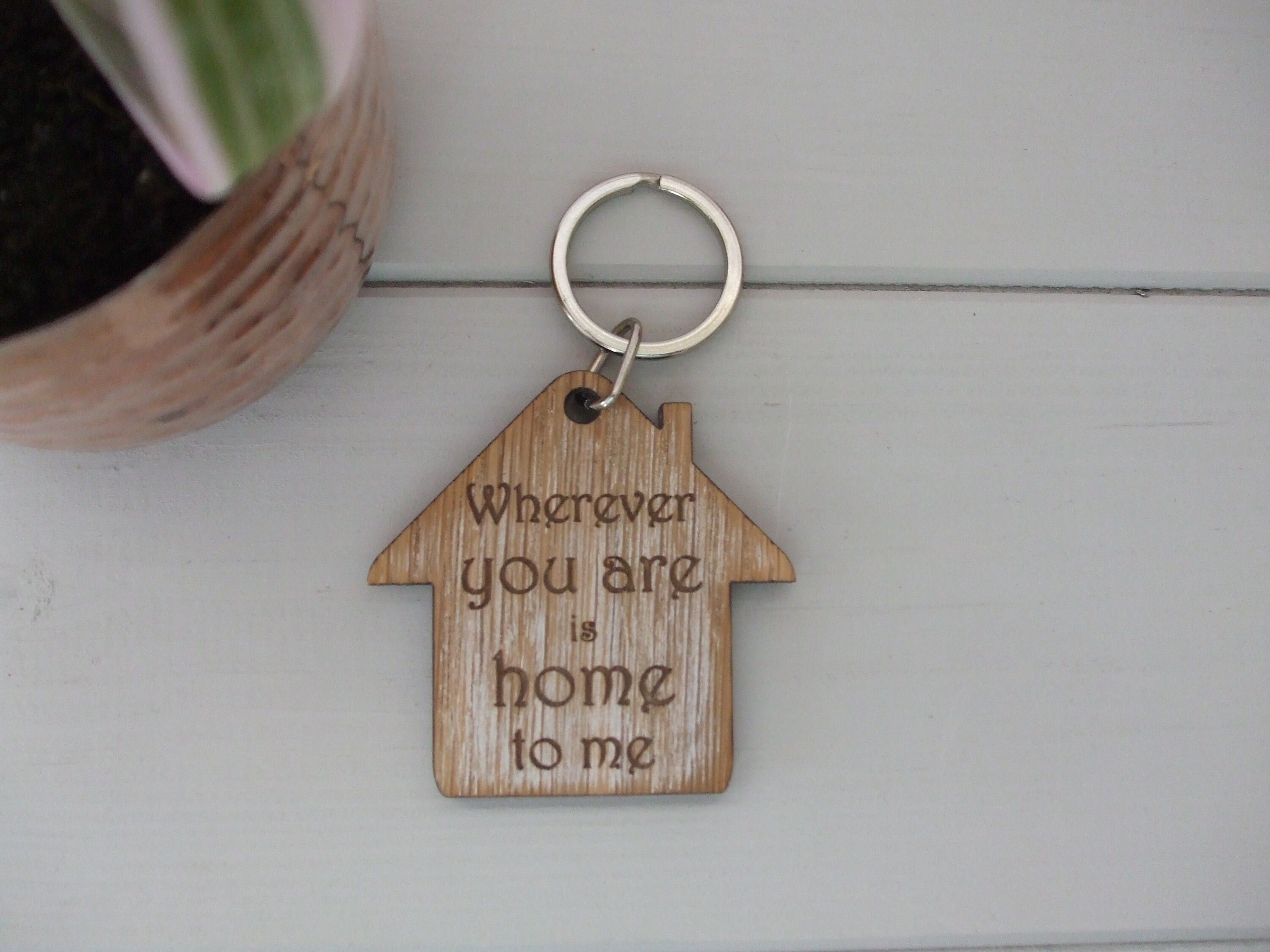 Handmade Wooden Gift Key Ring Engraved 'Wherever you are is home to