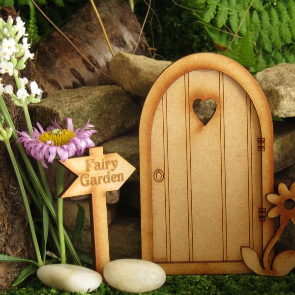 Fairy Garden Wooden Three-Dimensional Fairy Door Craft Kit with 'Fairy Garden' Signpost & Flower