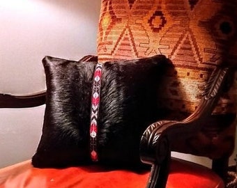 Black Cowhide Hand Beaded Pillow