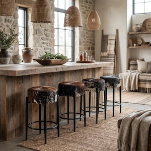 May include: Four bar stools with round seats upholstered in brown, black, and white cowhide featuring nailhead trim. Each stool has four slender black metal legs connected by a circular footrest, positioned in a row along a wooden kitchen island.
