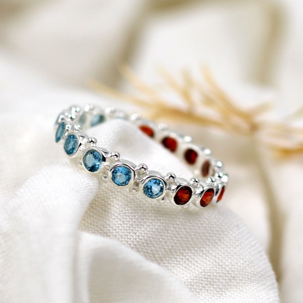 Blue Topaz & Garnet Eternity Ring,Wedding Band,Engagement Ring,Anniversary Ring gift,sterling Silver Ring,925 silver jewelry,Handmade Ring,