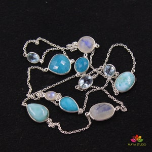 Natural Gemstones Station Necklace,925 Sterling Silver Jewelry,Larimar,Moonstone & Blue Aventurine Long Necklace,Anniversary Gift Necklace image 6