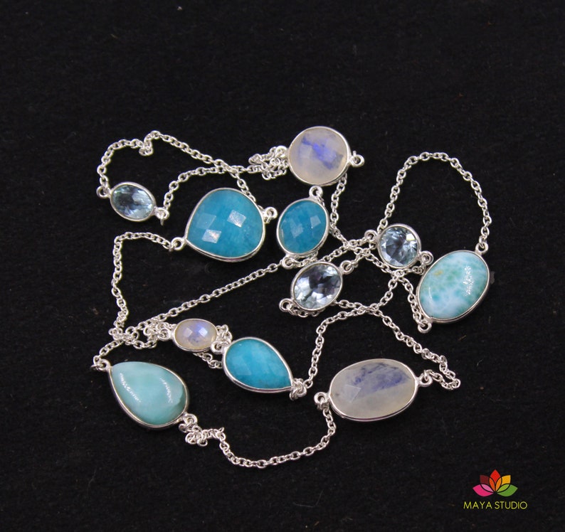 Natural Gemstones Station Necklace,925 Sterling Silver Jewelry,Larimar,Moonstone & Blue Aventurine Long Necklace,Anniversary Gift Necklace image 6