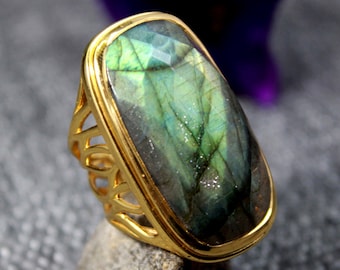 Statement Cocktail Ring,Wedding jewelry,Labradorite Ring/Rose Quartz Ring,New Year Gift,Anniversary Ring,Solid 925 Sterling Silver Jewelry