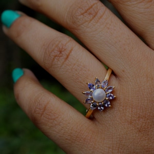Genuine Tanzanite & Fresh Water Pearl Ring,925 Sterling Silver Jewelry,Anniversary Gift,Wedding Ring,Party Wear Cocktail Ring,Proposal Ring