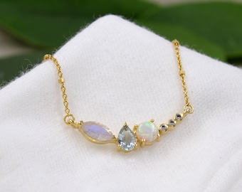 Elegant Moonstone,Blue Topaz & Opal Necklace,Gold Plated,925 Sterling Silver Jewelry,Anniversary Gift,Mother's Day Gift,Office Wear Necklace