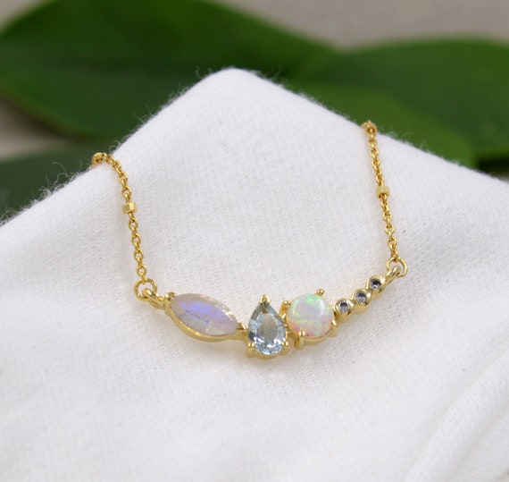 Elegant Moonstone blue Topaz Opal Necklace gold Plated 925 Sterling Silver Jewelry anniversary Gift mother s Day Gift office Wear Necklace Etsy
