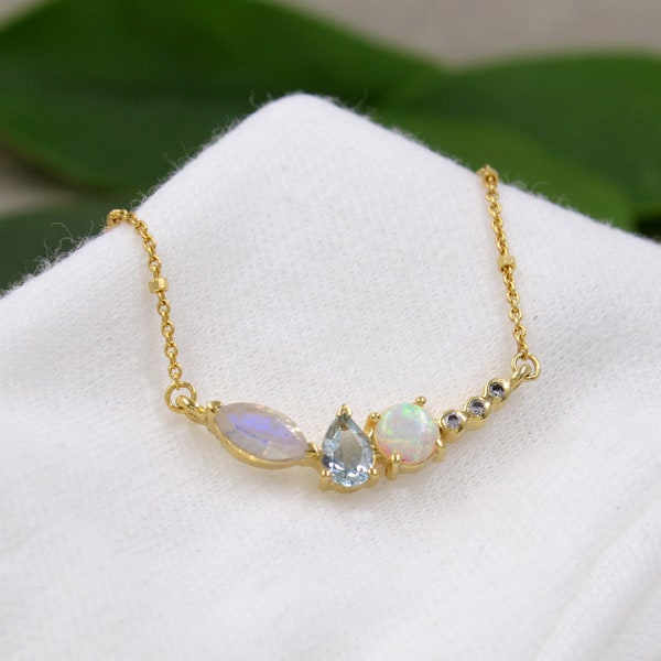 Elegant Moonstone,Blue Topaz & Opal Necklace,Gold Plated,925 Sterling Silver Jewelry,Anniversary Gift,Mother's Day Gift,Office Wear Necklace