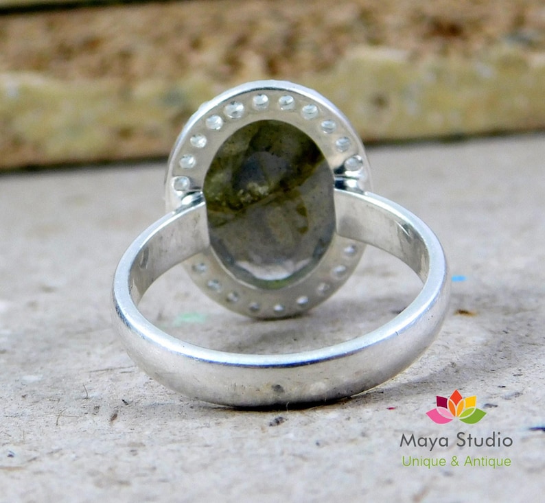Gorgeous Faceted Labradorite Ring,Engagement Ring,Anniversary Present,Wedding gift jewelry Piece,925 sterling silver,CZ Halo Silver Ring