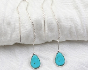 American Turquoise Threader Earrings: Sterling Silver Long Chain