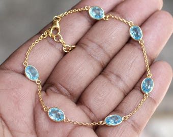 Blue Topaz Gemstone Dainty Silver Bracelet: Solid 925 Sterling Silver