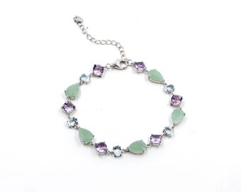Green Aventurine and Pink Amethyst Silver Braccelet: Solid 925 Sterling Jewelry