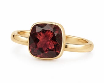 Handmade Sterling Silver Garnet Ring, Cushion Cut Red Gemstone