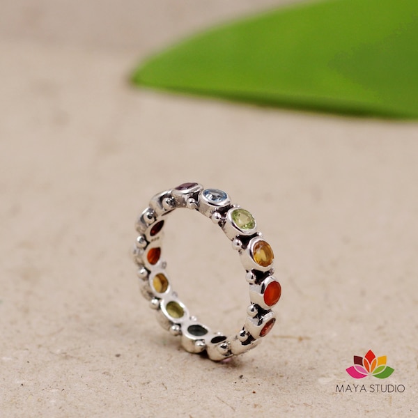 Gemstone Chakra Ring: Sterling Silver Eternity Band
