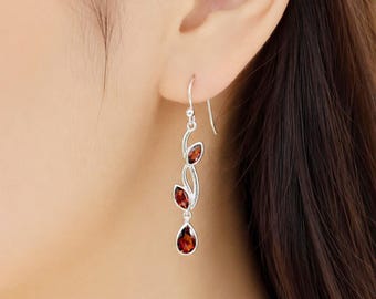Sterling Silver Red Garnet Dangle Earrings – Faceted Gemstone Jewelry