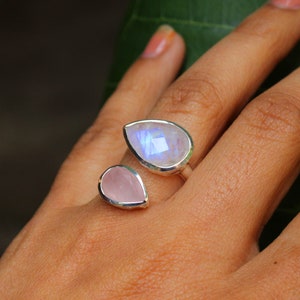 Soothing Moonstone & Rose Quartz Front Open Ring,925 Silver Jewelry,Anniversary Ring,Valentine's Gift Ring,Unisex Ring,Bride's Maid Gift,