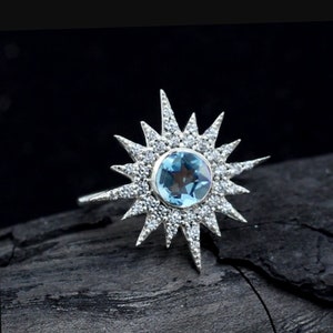 Sterling silver Gorgeous Garnet Sun Ring,Natural Blue Topaz,Solid 925  CZ jewelry,Anniversary Gift,Proposal Ring,Wedding Gift