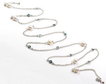Swiss Blue Topaz Pearl Necklace: Sterling Silver Beaded Chain