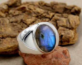 Sterling silverMen&#39;s Solitaire Ring,Fire Labradorite Cabochon Ring,Solid 925  High finish jewelry,Gift for Boy friend,gift for Father MR1143