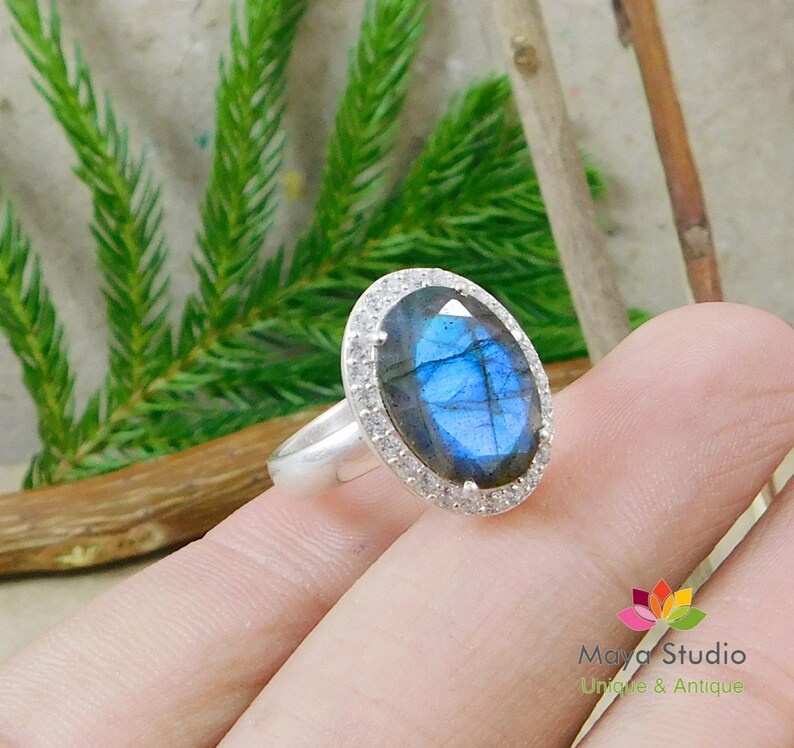 Gorgeous Faceted Labradorite Ring,Engagement Ring,Anniversary Present,Wedding gift jewelry Piece,925 sterling silver,CZ Halo Silver Ring