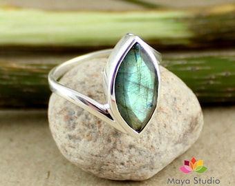 Fire Labradorite Minimalist Ring Healing Gemstone Handmade 925 sterling Silver Jewelry Solitaire Marquise Ring Gift for Men Women  MR1072