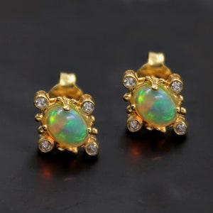 Natural Ethiopian Opal Earring,Gold Plated,925 Sterling Silver,Anniversary Gift,Opal and CZ Stud Post Earring,Birthday Gift,Silver Jewelry