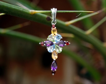 Multi Gemstone Religious Jewelry, Sterling Silver Minimalist Cross Pendant