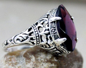 Red Garnet Filigree Design Ring: 925 Sterling Silver Oxidized Jewelry