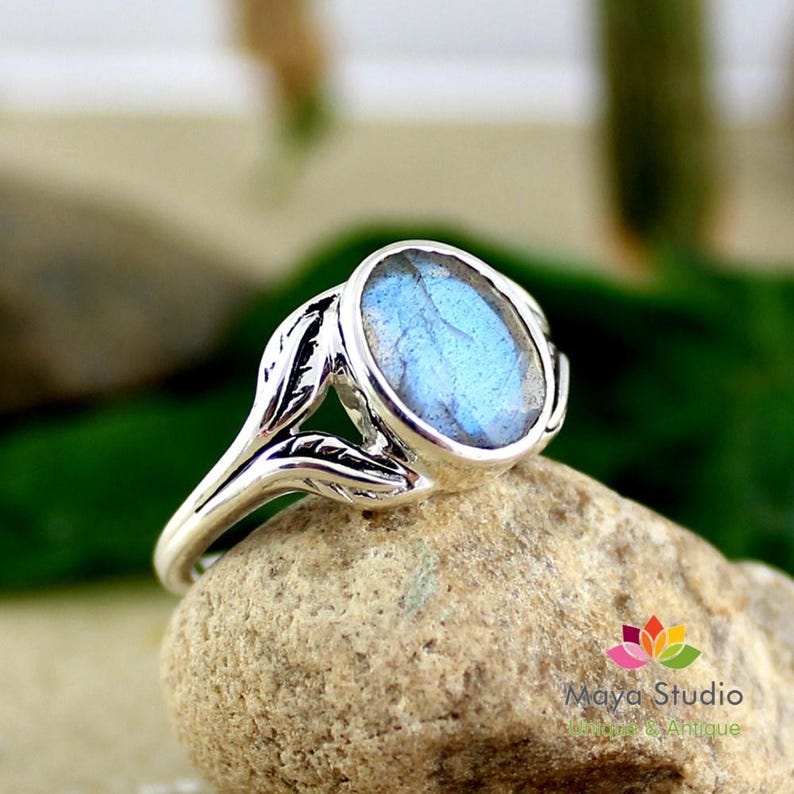 Sterling silverNatural labradorite ring,Nature inspired Leaf ring,Birthday gift,Daily wear,925 ,gemstone Jewelry,Handmade,Valentine Gift image 1