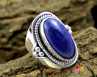 Sterling Silver Vintage look Lapis Lazuli Ring,925 Silver oxidized handmade jewelry,Anniversary Gift,Broad Band Unisex Ring, Cocktail ring