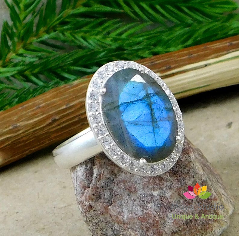 Gorgeous Faceted Labradorite Ring,Engagement Ring,Anniversary Present,Wedding gift jewelry Piece,925 sterling silver,CZ Halo Silver Ring