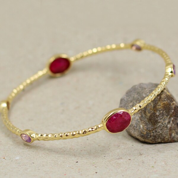 Gold Plated 925 Silver,Slip On Bangle,Ruby/Emerald/Sapphire,Party Wear,Christmas Gift for Mom,Big Bangle Bracelet,Anniversary Gift,For Me