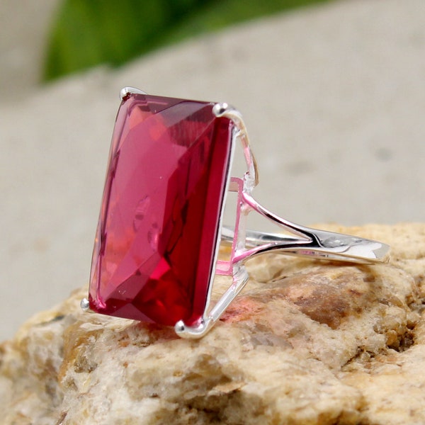 Gorgeous Pink Stone Ring,Statement Ring,Big Pink Stone,Prong Setting Ring,Handmade Ring,925 Sterling Silver Jewelry,Anniversary Ring Gift,