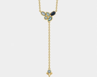 Sterling Silver Lariat Necklace, Swiss Blue Topaz, Gold Plated Y-Design