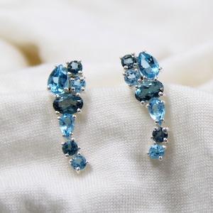 Sterling Silver Blue & White Topaz Marquise Halo Climber  Turquoise & White Topaz Crawler Earrings 925 Silver Sterling Western display picture 1