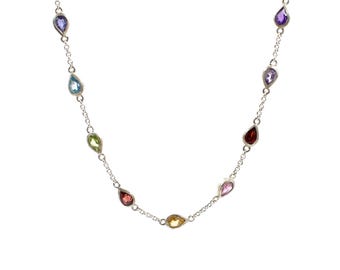 Multi Gemstone Station 16+2"  Necklace: Solid 925 Sterling Silver Jewelry