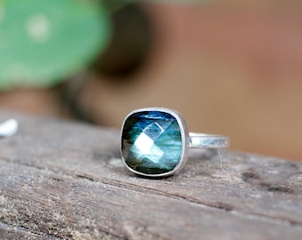 Handmade Sterling Silver Labradorite Ring, Cushion Cut Blue Flash Gemstone