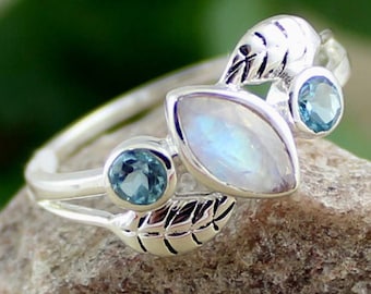 Charming Dainty Moonstone blue topaz ring,gift for daughter's birthday,Solid sterling 925 silver jewelry,Anniversary Ring,Midi Ring for Sis