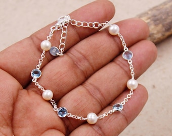 Swiss Blue Topaz Pearl Bracelet, 925 Sterling Silver Jewelry
