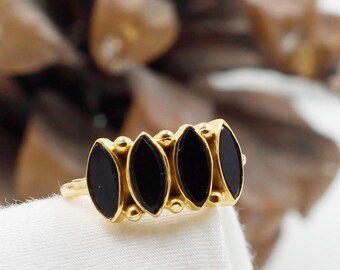 Black Onyx 4 Gemstone Gold Plated Ring: Solid 925 Sterling Jewelry
