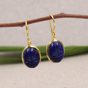 Scarab Carving Stud Earring,Solid 925 Sterling Silver Lapis Lazuli Post Earring,Gemstone Jewelry,Handmade,Blue Danglers,Minimalist Jewelry