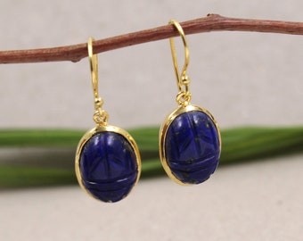 Scarab Carving Stud Earring,Solid 925 Sterling Silver Lapis Lazuli Post Earring,Gemstone Jewelry,Handmade,Blue Danglers,Minimalist Jewelry